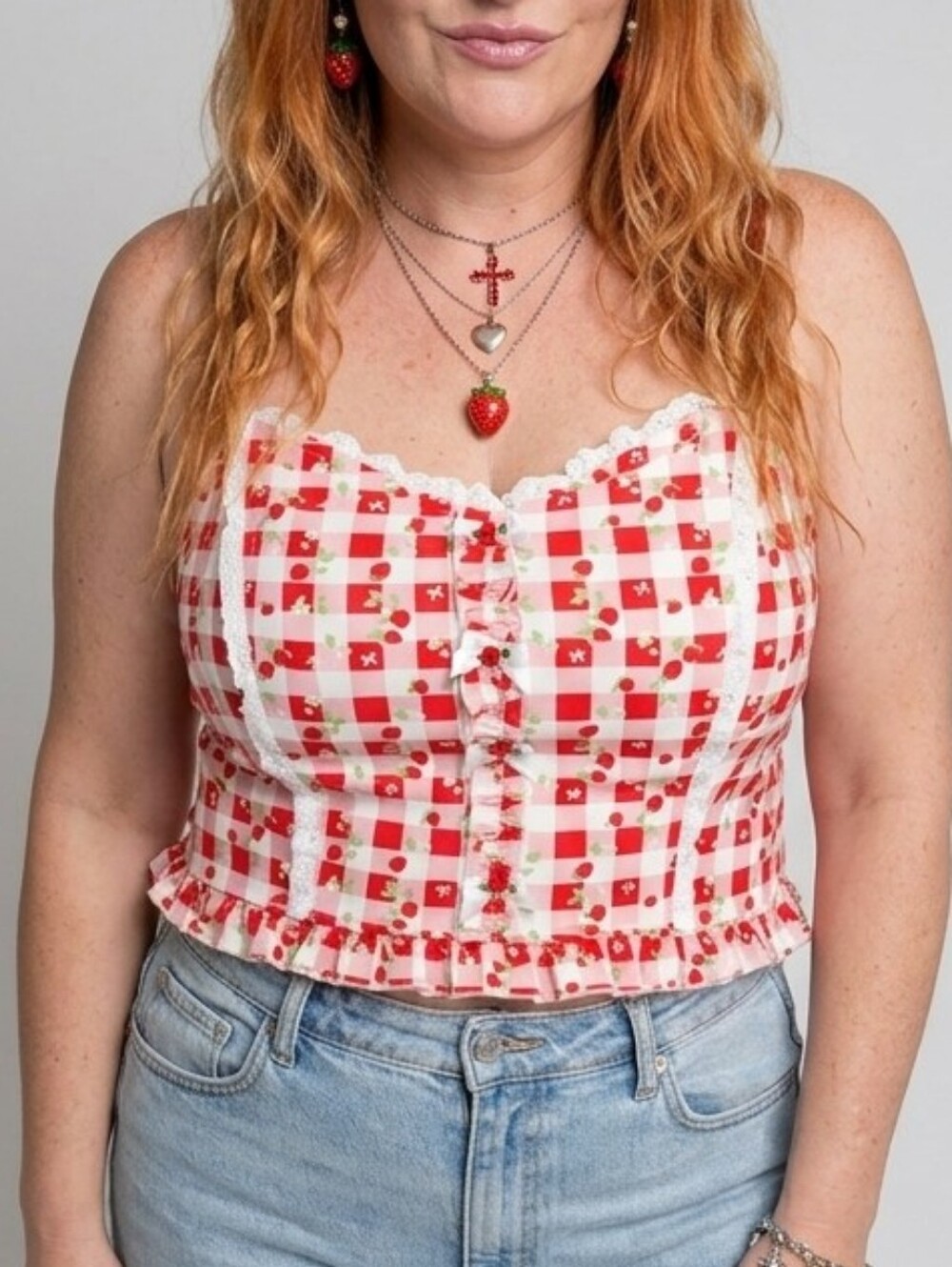 Sweet Society Strawberries Red & Pink Gingham Crop Top, Hot Topic, Size XL